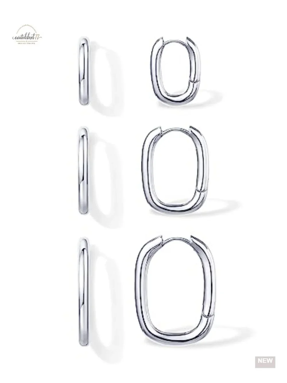 3-Pair Rectangle Hoop Earrings, 925 Sterling Silver Posts, Hypoallergenic,